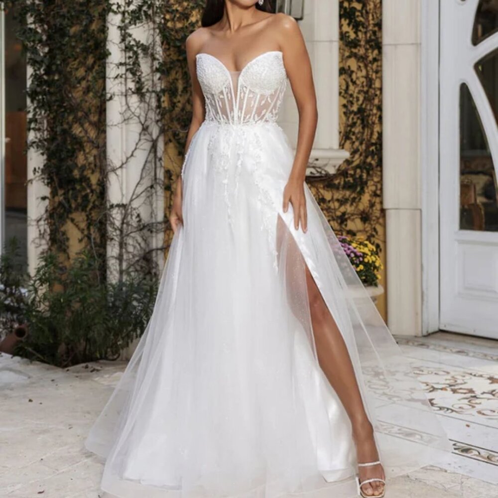 New Off White Strapless Wedding Bridal Dress Gown